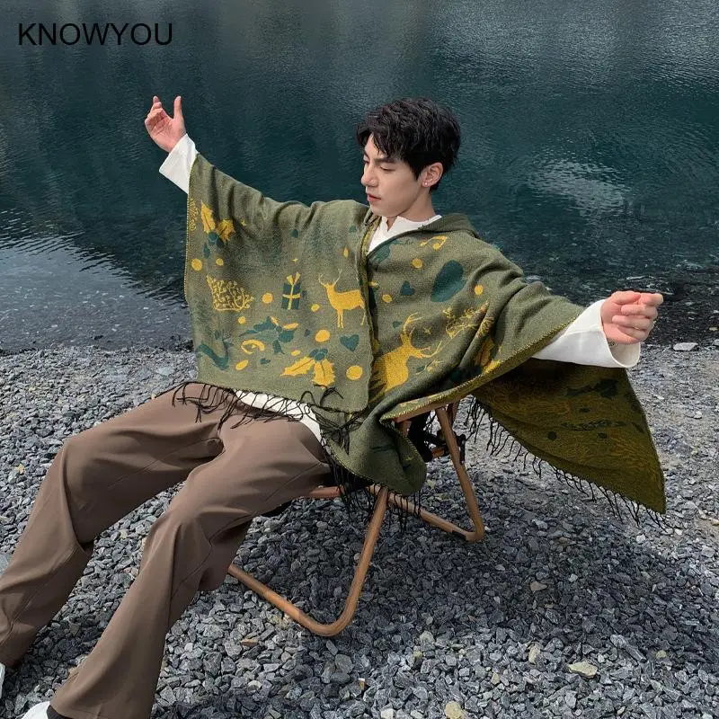 Hooded Capes for Men Christmas Deerlet Gift Poncho Men Warm Cashmere Blend Shawl Tassels Jacket Casual Outwear Pashmina