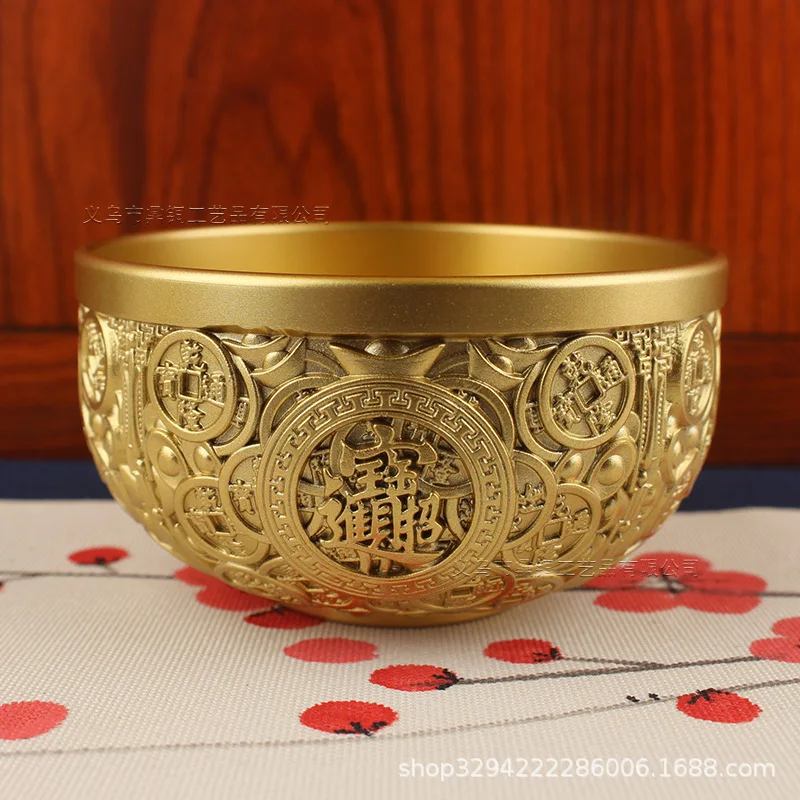 

Brass Material Treasure Bowl Hundred Blessings Dragon and Phoenix Money Ornament Copper Treasure Bowl Large Bowl Golden Rice Bow
