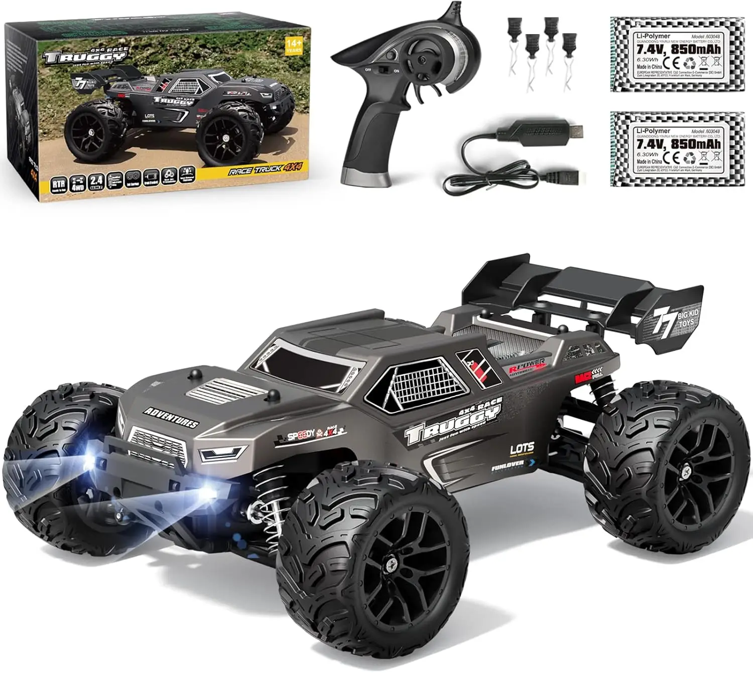 Remote Control Car, 1:18 RC Cars 36 km/h Hobby RC Car with Lights, 2.4 GHz Waterproof 4WD Off-Road Outdoor Indoor Vehicle, 2 Bat