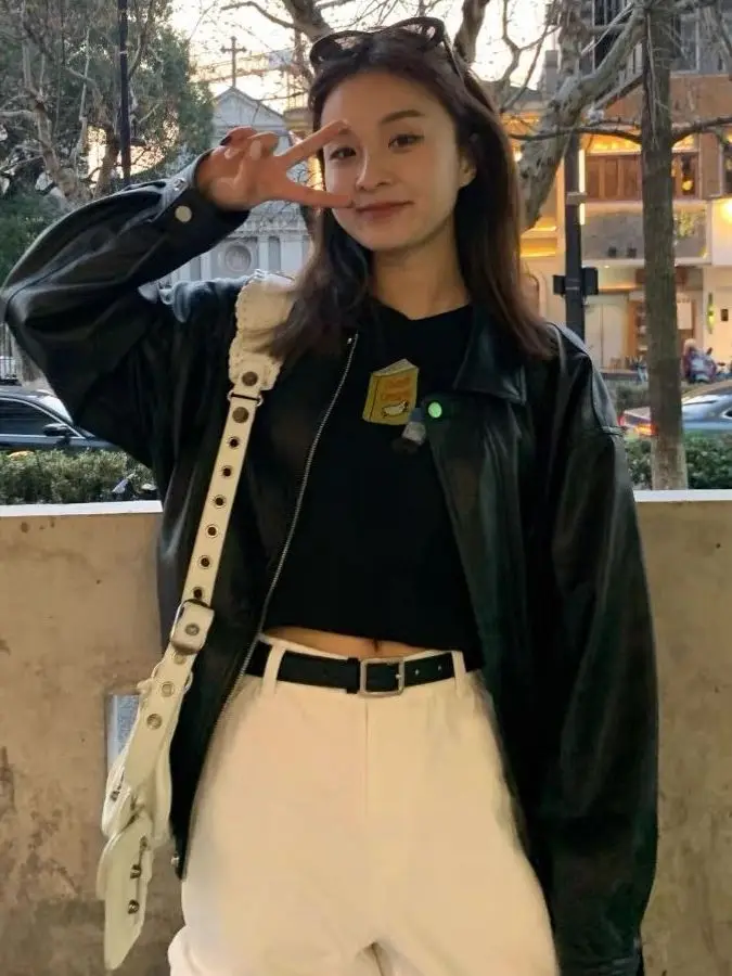 Bla PU Leather Jaet المرأة فضفاضة تناسب خمر Sle ort معطف تنوعا الخريف الشتاء تصميم Faion عارضة الرجعية Jaet #5