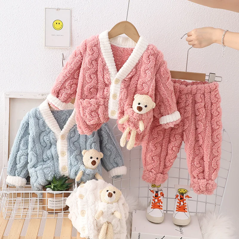 

Children's Clothing Sets Bear Decoration Single Breasted Coat + Pants Kids Clothes Boys Baby Girl Outfit Set 1 To 5 Years