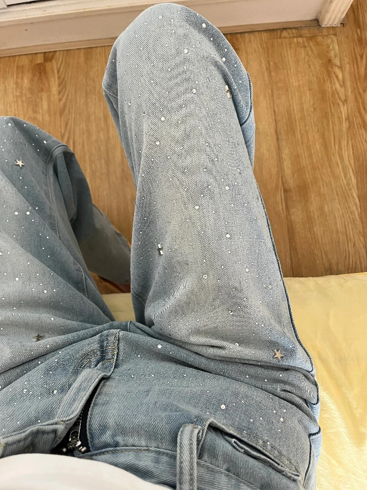 

Shiny Sequin Embellished Straight Leg Jeans Slim Fit Glittering Galaxy Skinny Wide Leg Long Pants Casual High Waist Denim