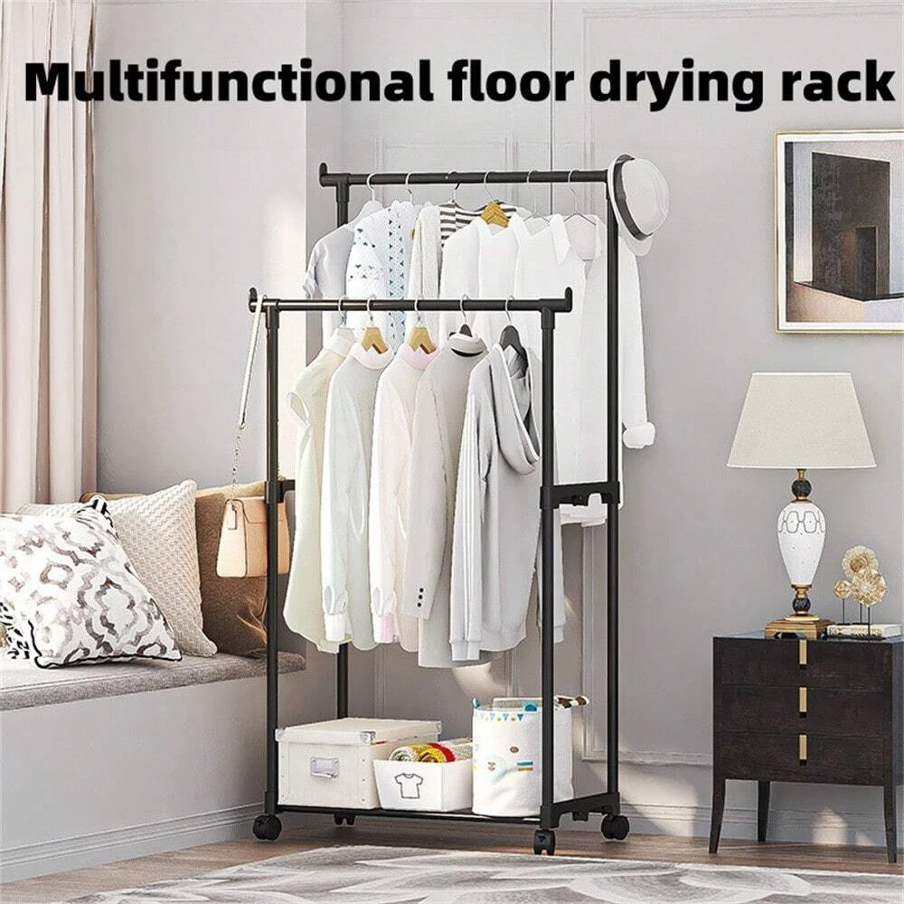 Simple Floor Standing Drying Rack, Double Rod Movable Shoe & Hat Rack, Home Organizer Rack, Organizer For Clothes And Shoes