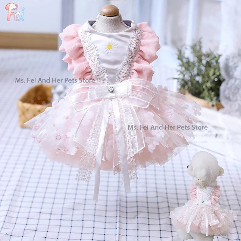 

Luxury Pink Flower Lace Tutu Dresses Handmade Pet Clothes for Small Medium Dogs Chihuahua Fashionable Puppy Cat Clothing