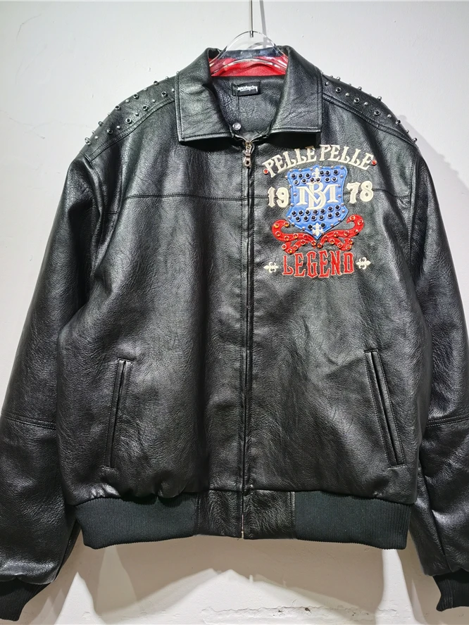

Sli Men's PU Leather Jaet with Diamond Embelliments Biker Collar Heavyweight High Street Faion Autumn Winter Coat
