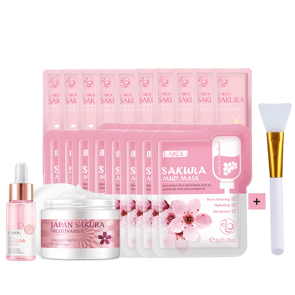 Hot Sale Sakura Facial Cleansing SkinCare Set Exfoliate Blackhead Mud Mask Moisturiz Repair Sleeping Mask FaceCare Essence Cream