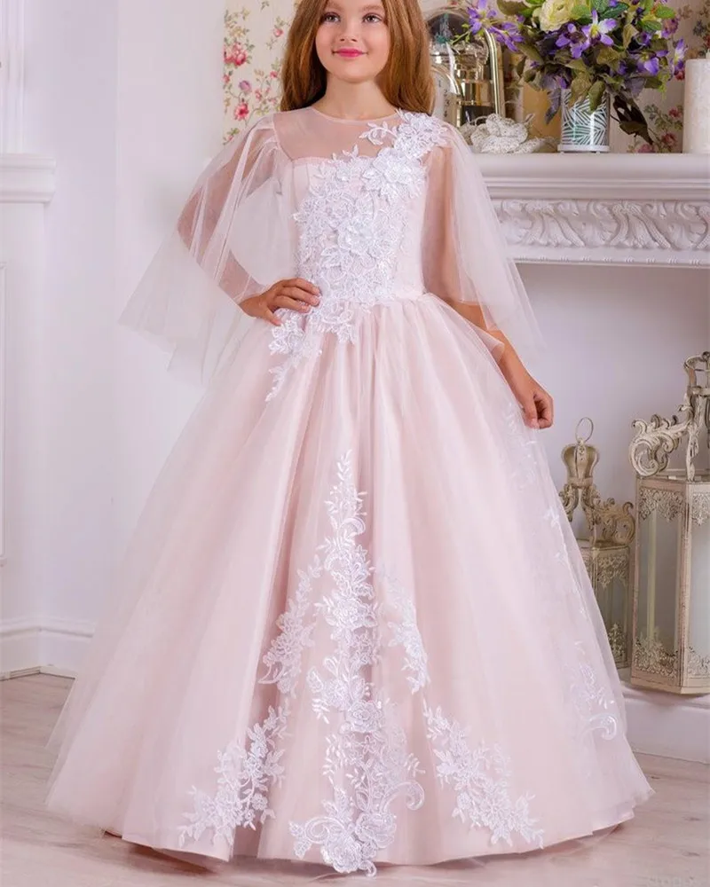 Imagem princesa pérolas rendas apliques rosa flor menina vestidos o-pescoço vestidos de bola para o bebê primeiro comunhão vestidos