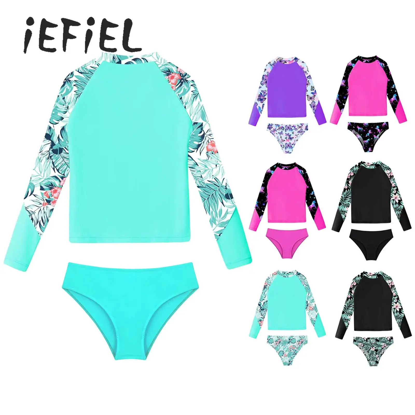 

Girl's 2-Piece Sun Protection Swimsuit Long Sleeve Tropical Plants Print Swim Shirts and Bikini Briefs Rash Guard Set Beach Wear