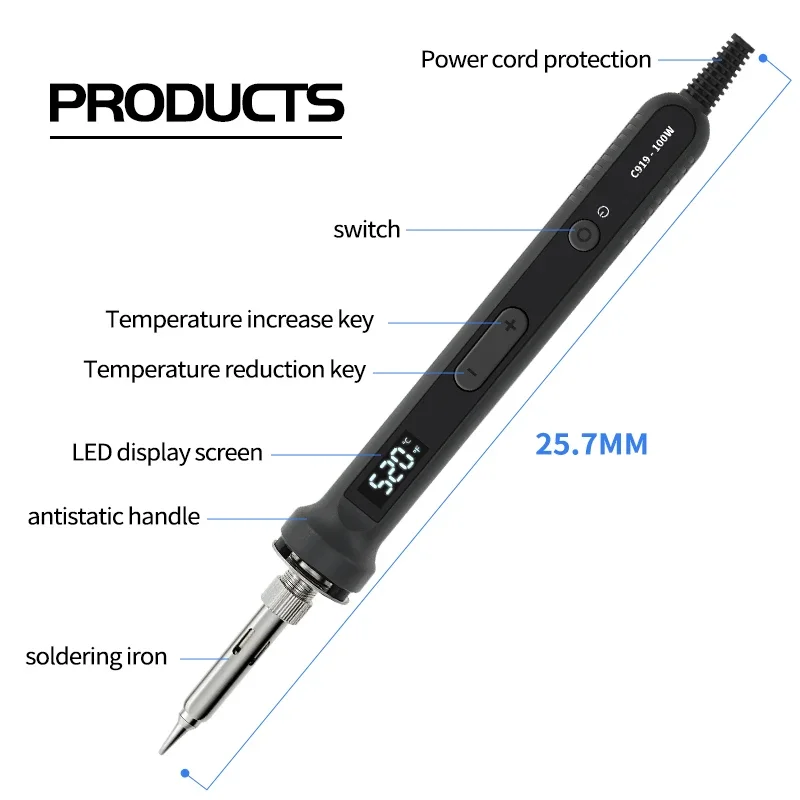 Imagem -06 - Conjunto de Ferro de Solda Elétrico Usb 100w Temperatura Ajustável Aquecedor de Soldagem Lcd com Interruptor Liga Desliga Kit de Solda Eletrônica Inteligente