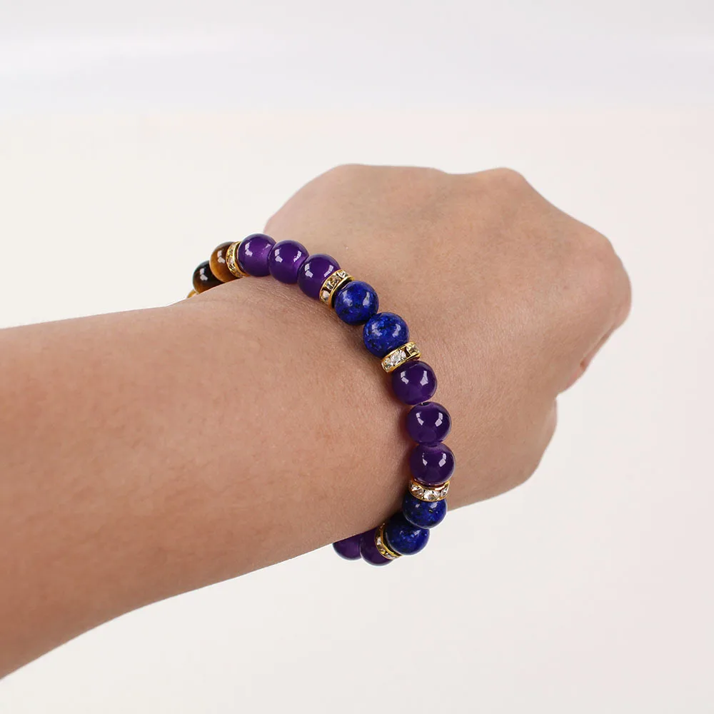 جذب الثروة الطاقة الأرجواني سوار للنساء الطبيعية عين النمر اللازورد حجر الإسورة الرجال عادية حجر الراين الخرز والمجوهرات