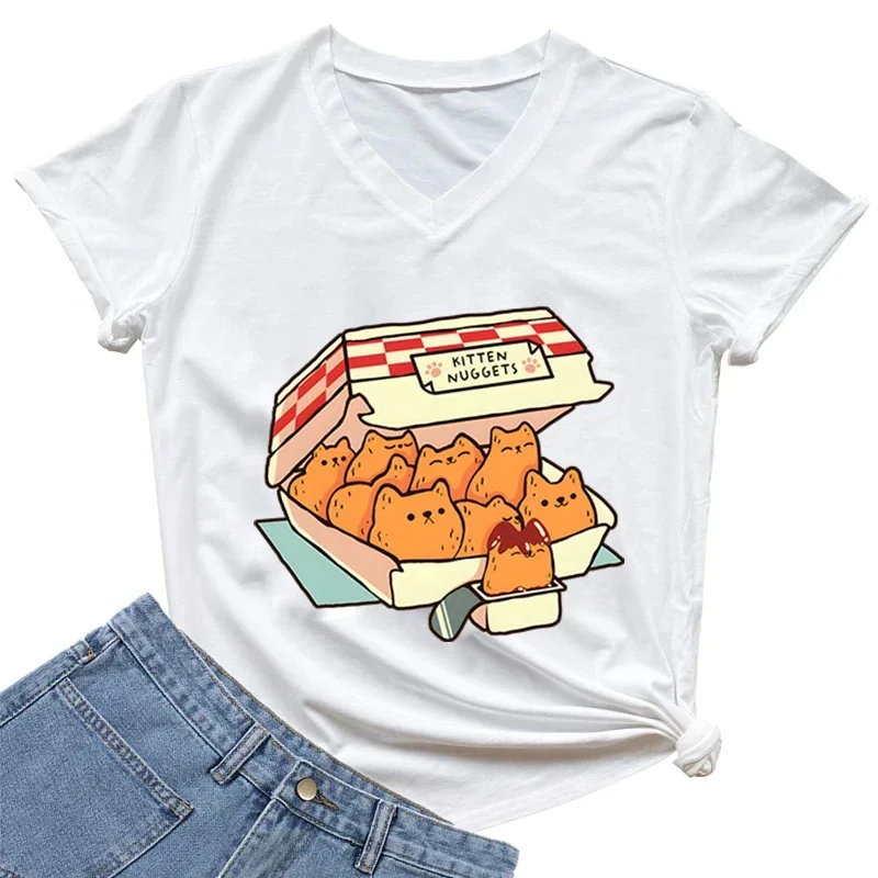 Kitten Nuggets Fast Food Cat T-Shirt Women Harajuku Tee Shirts Femme Fashion T-shirts Graphic T Shirts V-neck T-shirts Camisetas