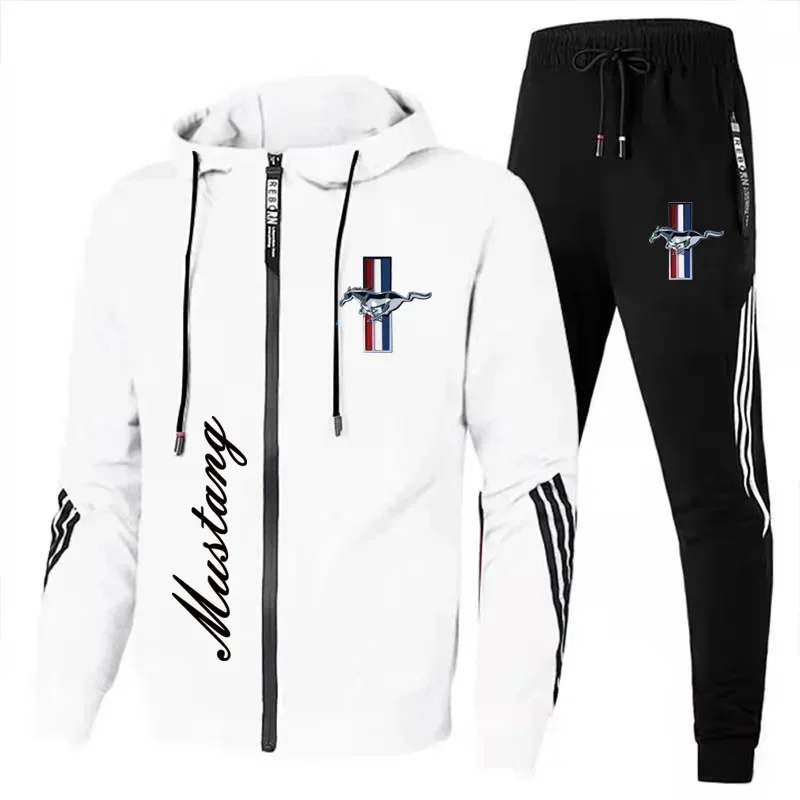 New Men Sportswear Ford Mustang Auto Logo Printed Hood Sweatshirt Pants Casual Fit Running Fitness Men Sportkle 2hp