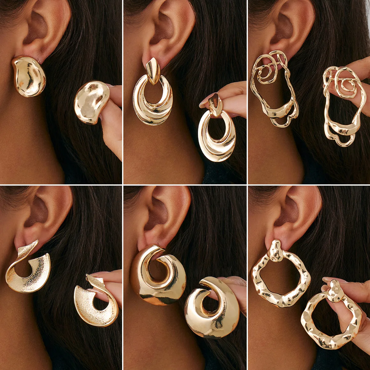 Premium Irregular C Shaped Geometric Earrings Liquid Circle Screw Thread Texture Niche Metal Dangle for Women