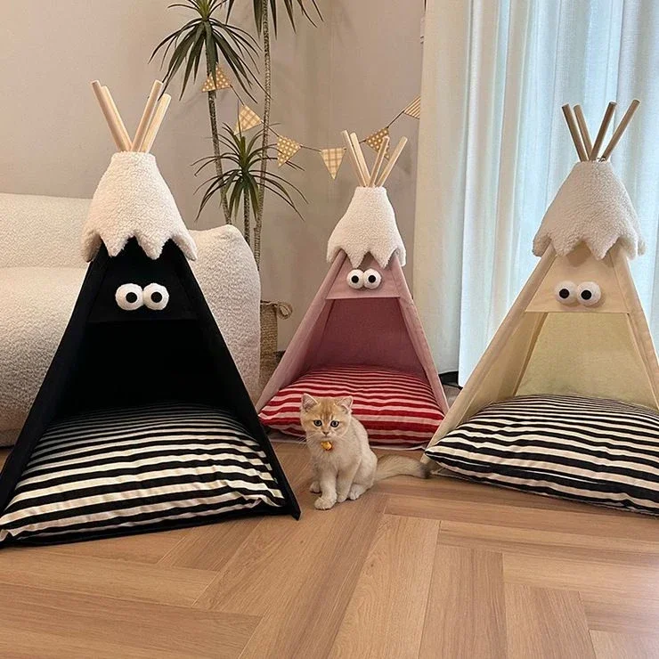 Pet Cat House Winter Tent Warm Soft Kennel Mat Detachable Washable Pet Products Beds Mats Cute Accessories Wooden Support Tent