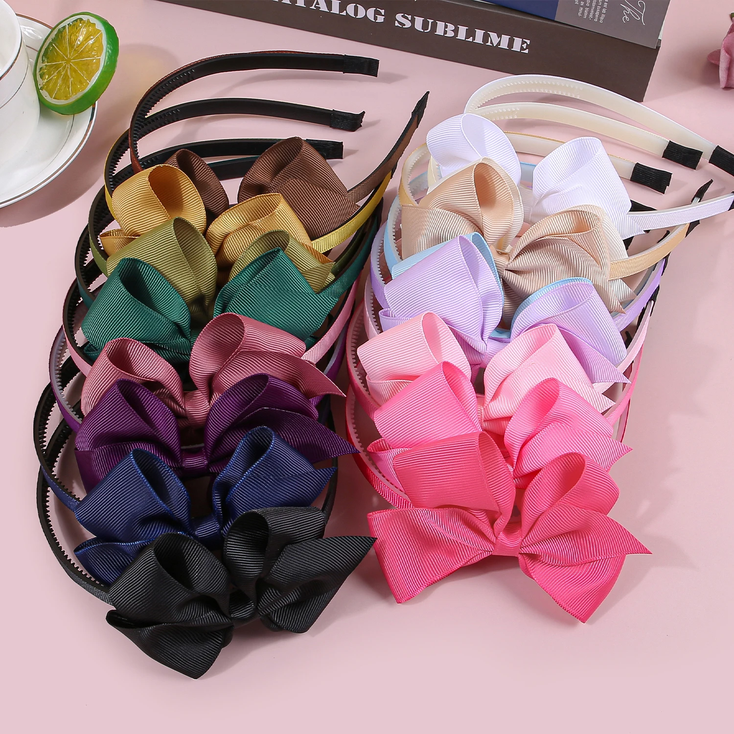 4pcs Cute Solid Color Grosgrain Ribbon Hair Bows Headbands for Girls Plastic Teeth Hairbands Children Kids Hair Accessories