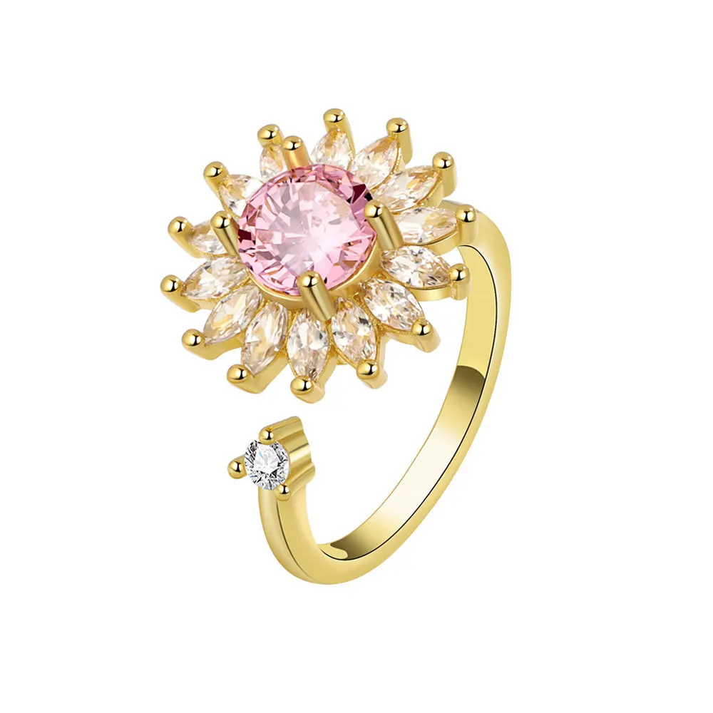 Real 925 Sterling Silver Zircon Crystal Rotate Sunflowers Spinning Finger Rings For Women Wedding Engagement Party Charm Jewelry