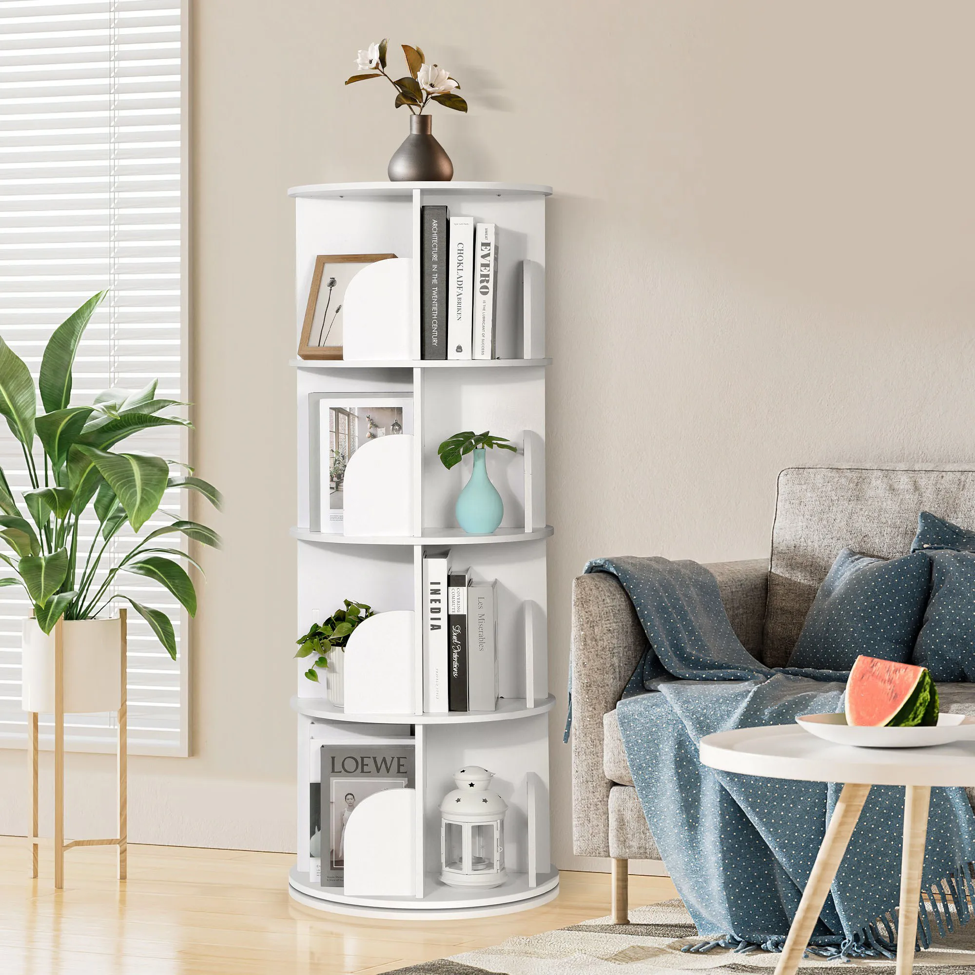 

Rotating Bookshelf Tower 4 Tiers 360 Rotating Corner Book Shelf for Small Space Bedroom Living Room PVC Revolving Bookcase