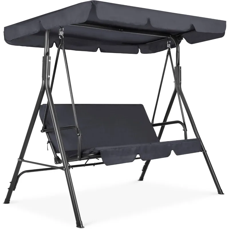 2-Person Outdoor Patio Swing Chair, Hanging , Backyard w/Convertible Canopy, Adjustable Shade, Removable Cushions - Gray