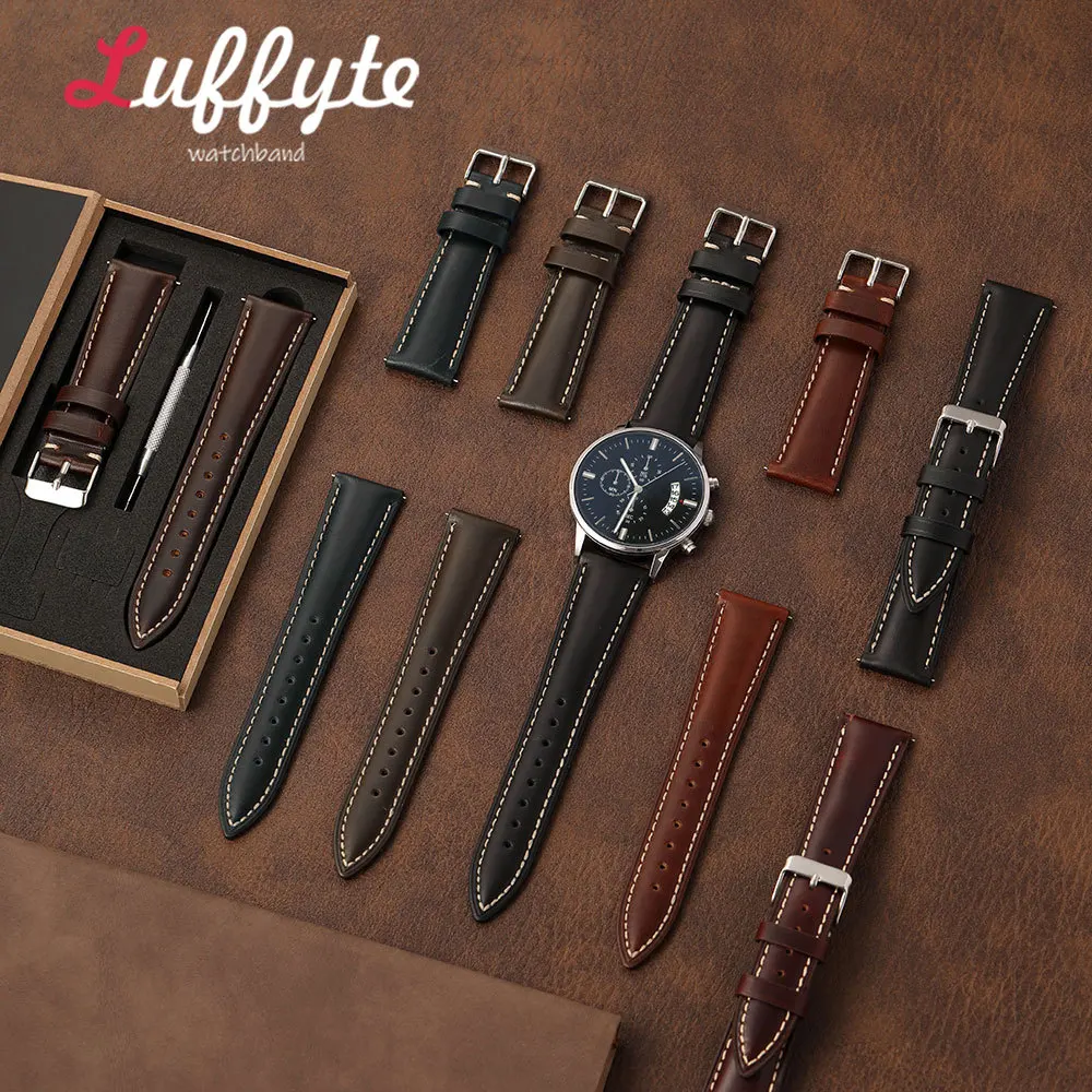 Calfskin Genuine Leather Watchband 18 19 20 21 22mm Quick Release Spring Bars Gift Packing Box Casual Men Oil Wax Leather Strap