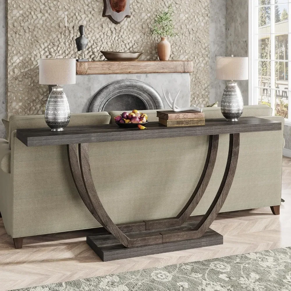 For 63-Inch Skinny Console Table with Geometric Base 2-Tier Farmhouse Sofa Table Narrow Long, Thickened Behind Couch Table^