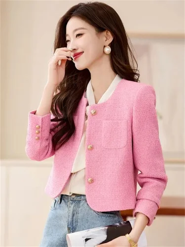 Chaqueta rosa primavera y otoño 2025, nuevo abrigo corto francés de gama alta para mujer, chaqueta, traje amarillo, chaquetas, gabardina superior de moda Coa