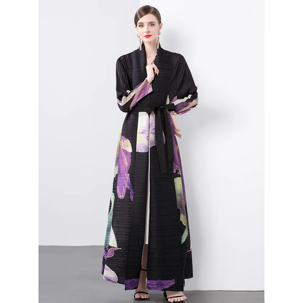 

Miyake Pleated Autumn Loose Printed Jacket 2024 Versatile Windbreaker Trench Coat for Women Winter Middle Eastern Coats