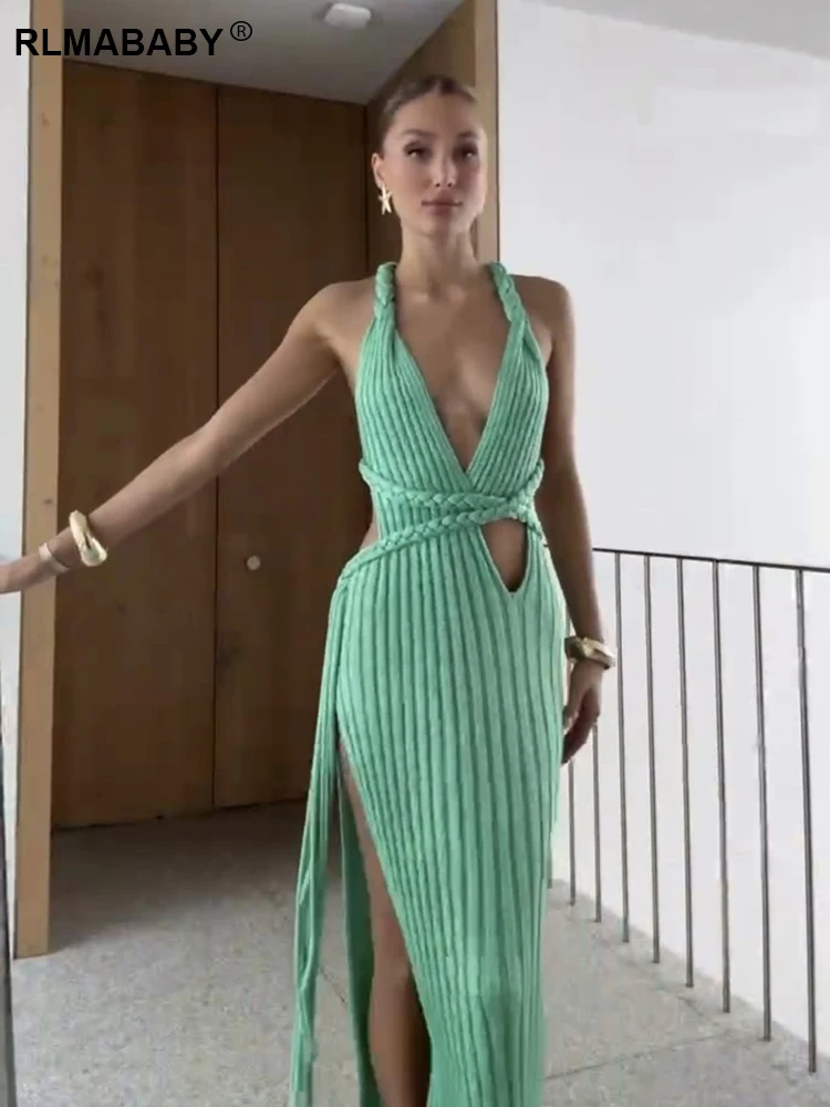 RLMABABY เซ็กซี่ลึก V คอ Backless ผู้หญิงยาวถักชุดฤดูร้อนเซ็กซี่ Slim BANDAGE ด้านข้างแยกพู่สีเขียวชุด Maxi ชุด