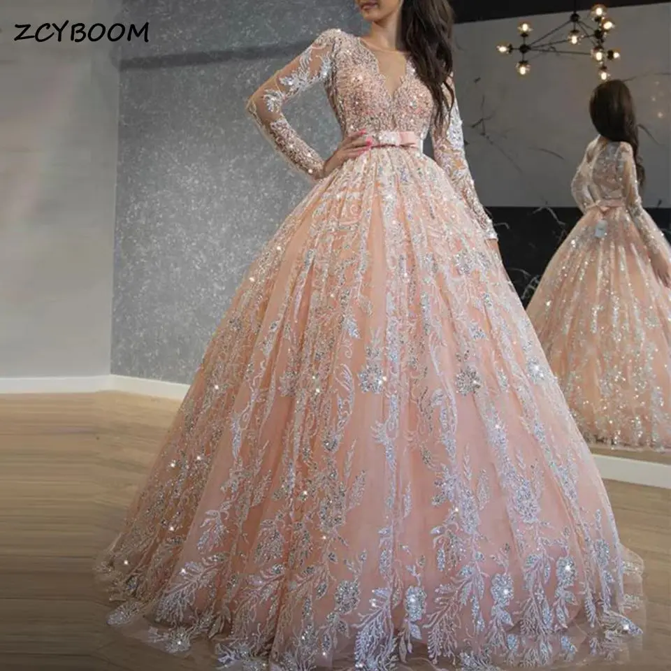 

Luxury Pink Ball Gown Evening Dresses 2023 Sequins Lace Prom Gowns Women Formal Party Long Sleeves Shiny Elegant Robe De Soiree