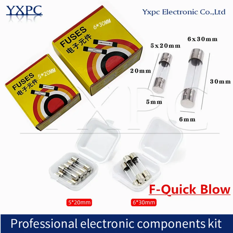 5x20 5*20mm 6x30mm 6*30 F-Quick Blow Fast 250V 0.1A 0.5A 1A 1.5A 2A 3A 3.15A 4A 5A 6A 6.3A 8A 10A 12A 15A 30A Glass tube fuse
