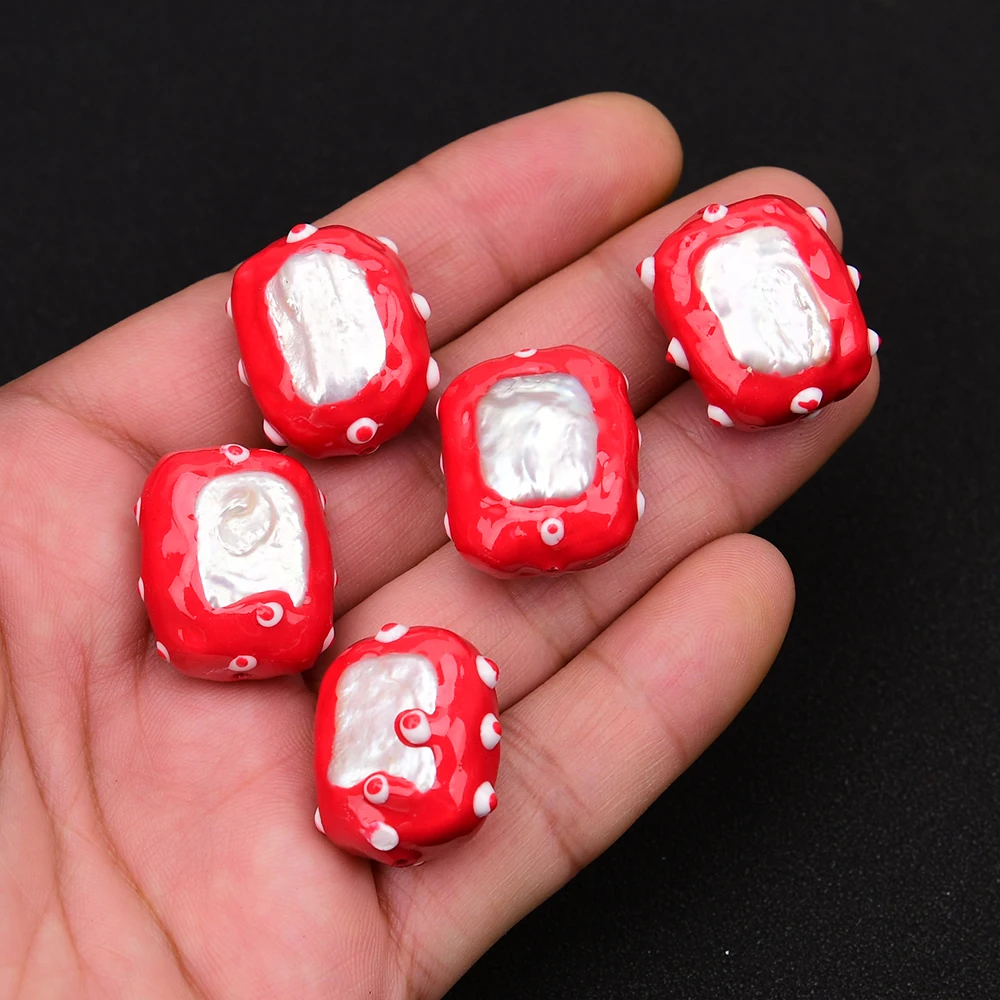 APDGG 5 Pcs Natural White Keshi Pearl Rectangle Shaped Red Enamel Glaze craftsmanship Edge Loose Beads Jewelry DIY