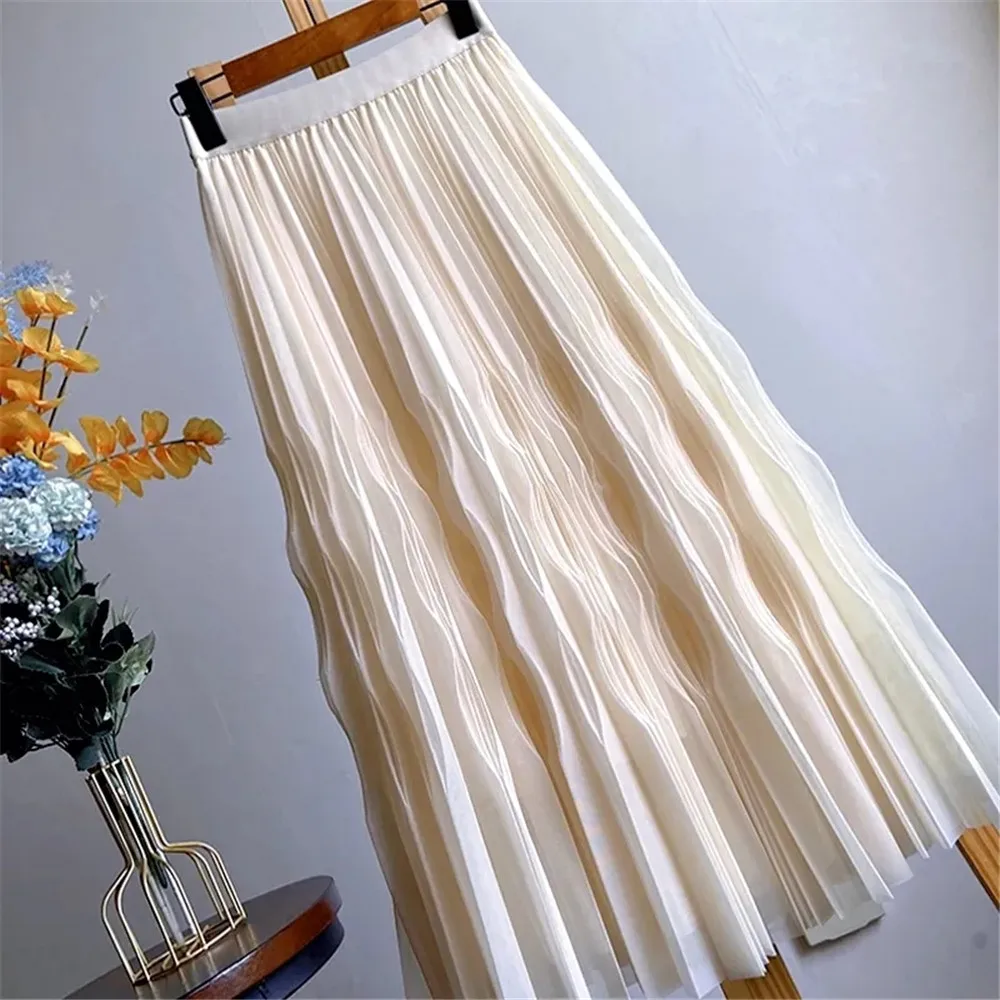 

Fashion Solid Color Gauze Mesh Slim Sagging Sensation Irregular Pleated Skirt Women High Waist Elastic Casual Office Lady Skirt