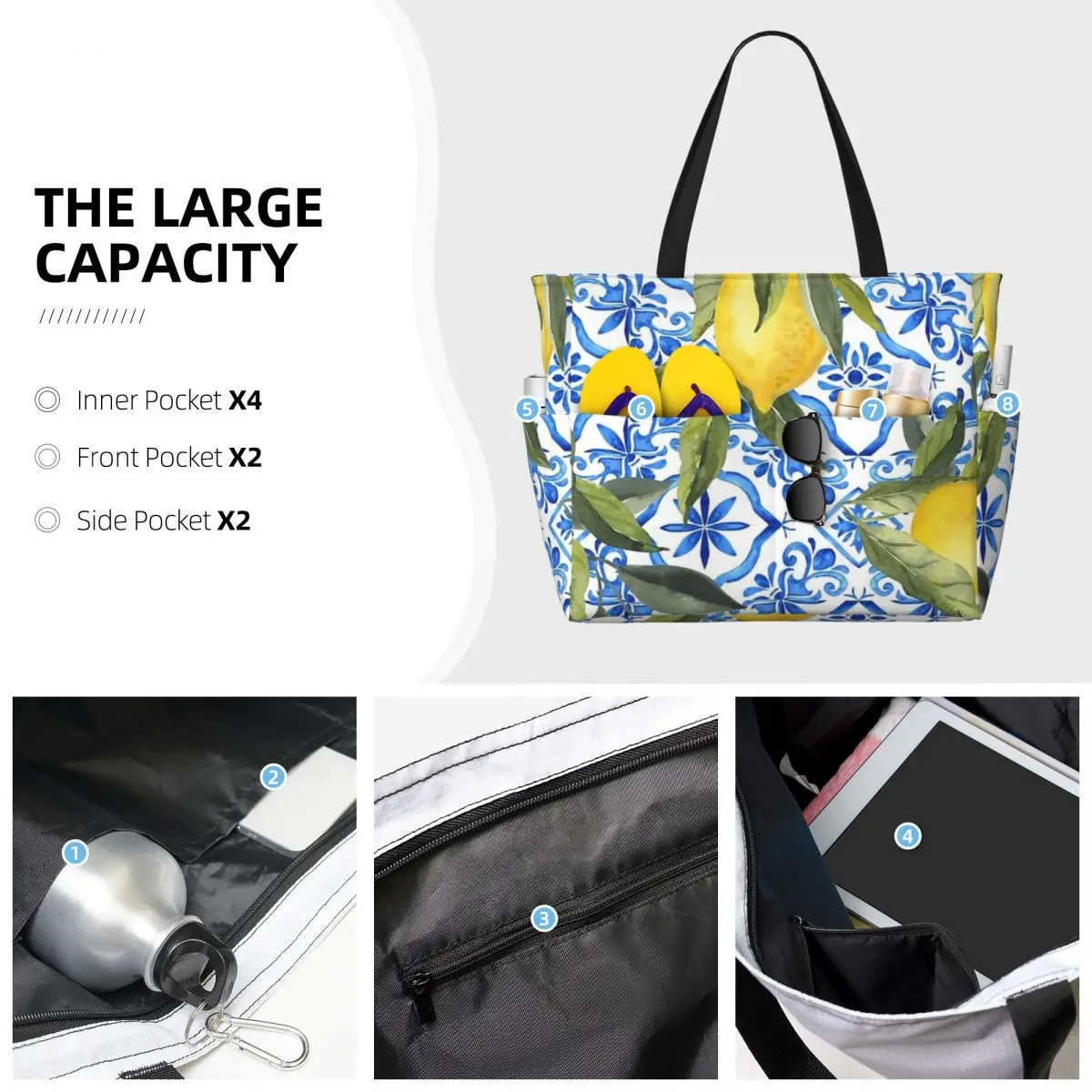 Lemons On Blue Tiles Beach Travel Bag, Tote Bag Modern Adult Daily Birthday Gift Multi-Style Pattern