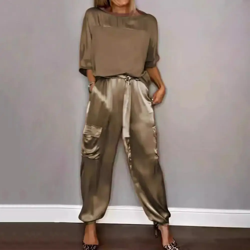 Conjunto monocromático de 2 peças acetinado para mulheres, gola redonda, top e calça de manga comprida, casual solto na moda, primavera e verão