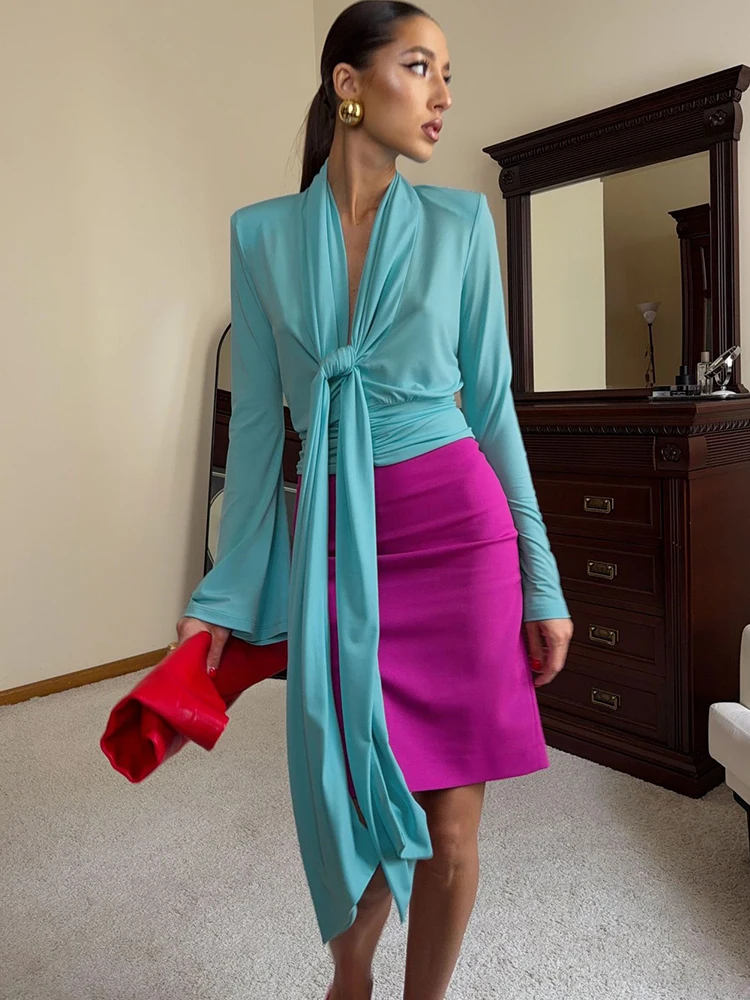 Trendix Sexy Plunging V Neck Tie Front Top Women Draped Flared Long Sleeve Shirt Vintage Ruched Waist Blouse Chic Party Clubwear