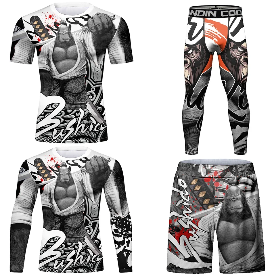 Men Rashguard Jiu Jitsu MMA T-shirt Pant 4/Pcs Sets Sport MMA Shorts Compression Boxing Jerseys Bjj Rash Guard Clothing Suits