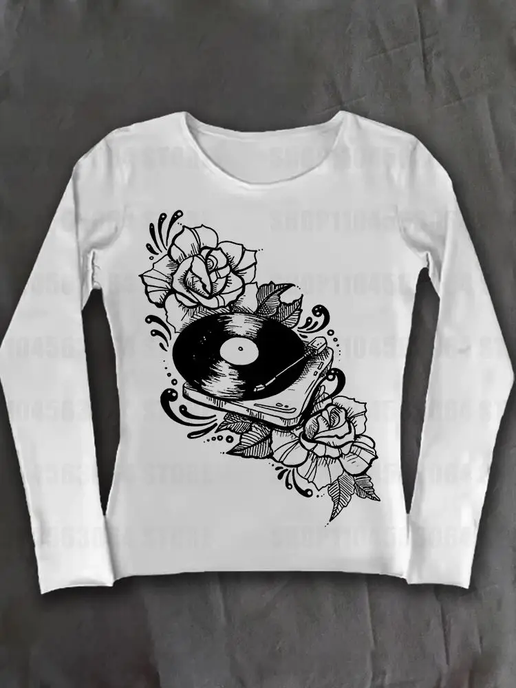 Y2K الجرونج سايبر مول القوطية تي شيرت مع نمط الجمجمة مطبوعة بلوفر بأكمام طويلة للنساء 90s الرجعية الجمالية تي شيرت