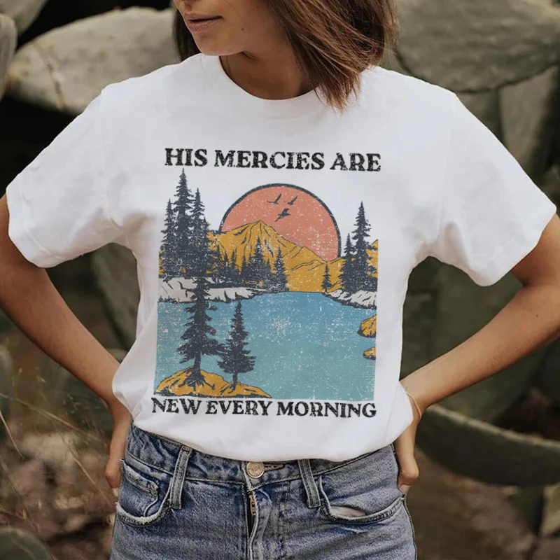 His Mercies Women's Christian T-Shirts Short Sleeve Bible Verse Tee Shirt Vintage Boho Jesus Religious Tshirts Gifts Ladies Tops