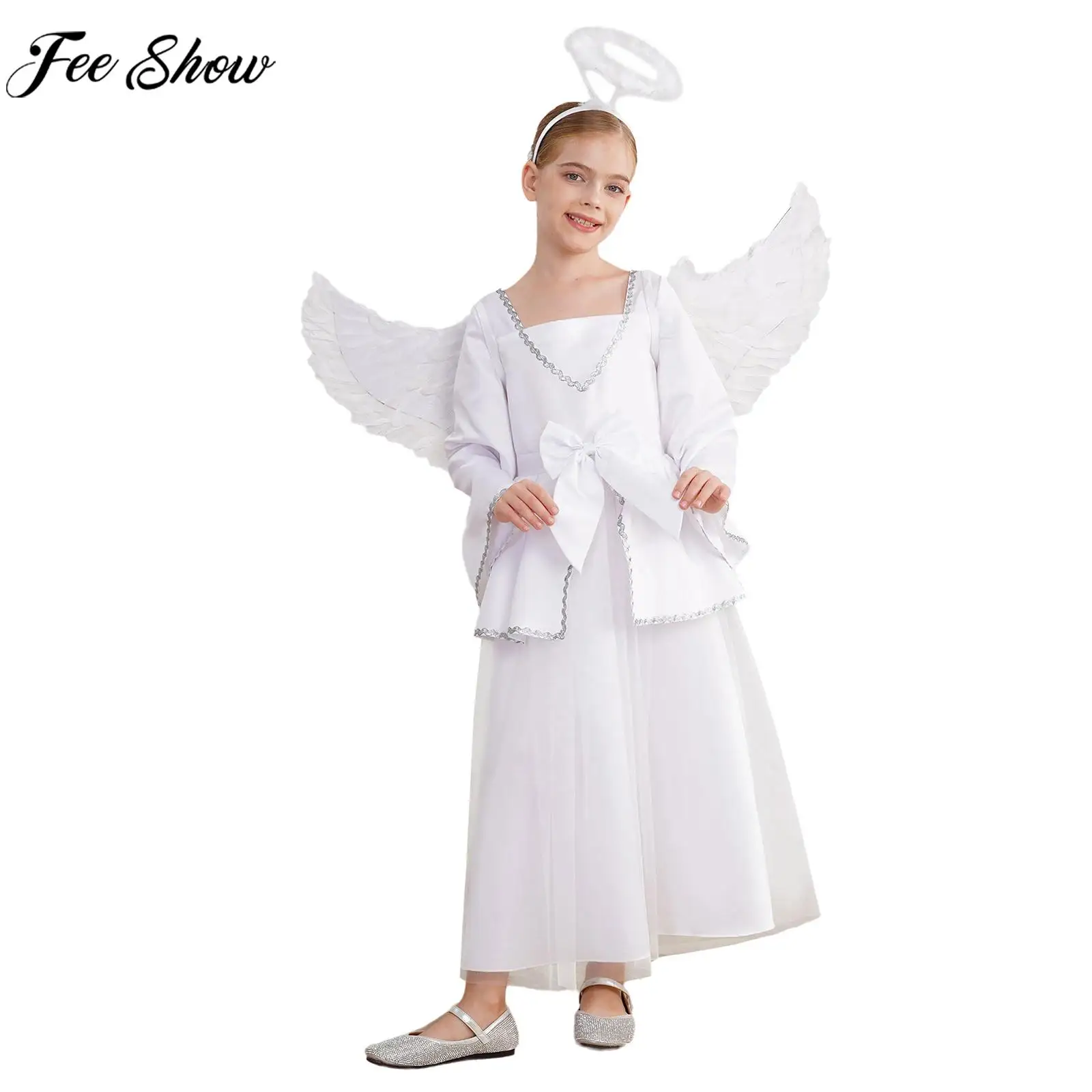 Kids Girl Halloween Angel Goddesses Deity Cosplay Costume Long Sleeve Elegant Satin Mesh Princess Dress for Theme Party Carnival