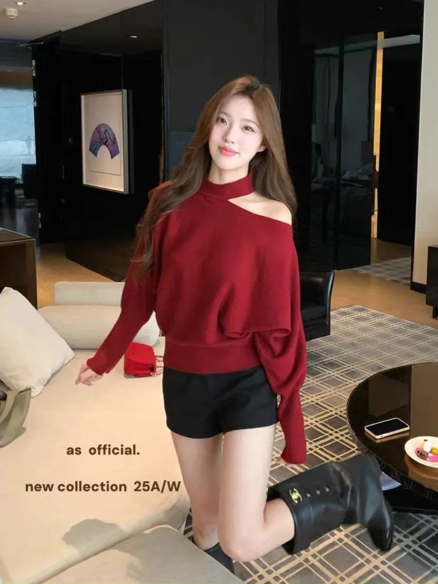 

Весенний Новогодний Красный Длинный Вязаный Свободный Женский Топ с Открытыми Плечами, Удобный, в Корейском Стиле...