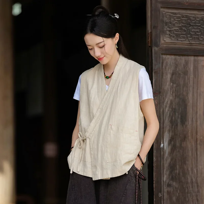 24 Autumn New New Chinese Sand Washed Vest Women's Ramie Collar National Style Vest  8313