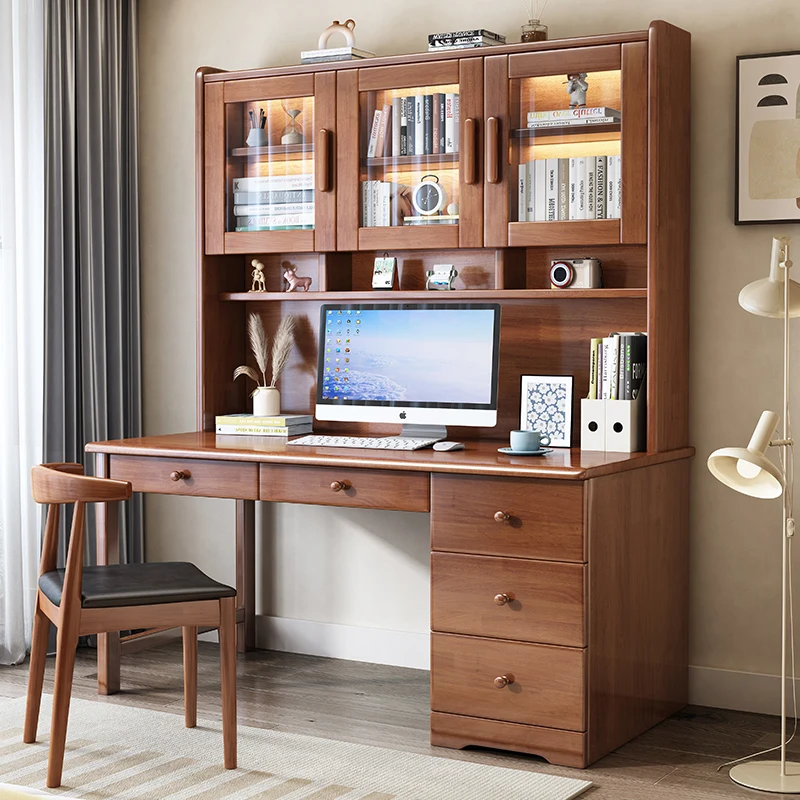 #@Solid Wood All-in-one Desk Computer Bookshelf Bookcase Children's Study Desk Chair Bedroom Student Writing Household