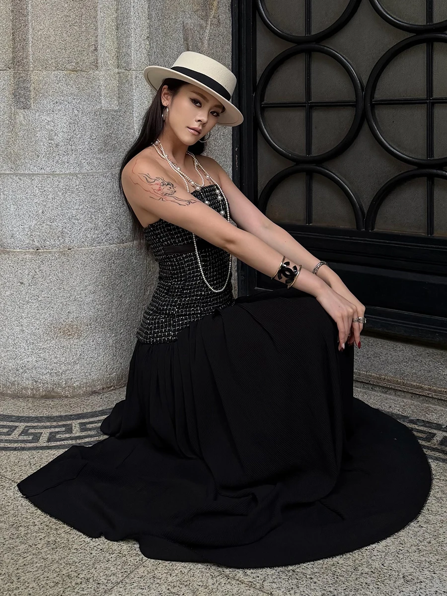 REDDACHiC Czarna Sukienka Balowa z Kokardą, Damska, Brokatowa, Tweedowa, Szyfonowa, Bandeau, Plisowana, Maxi, Długa Sukienka Elegancka Wieczorowa Formalna