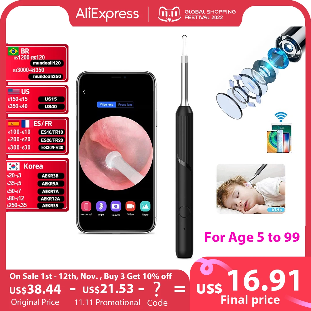 

Беспроводной умный визуальный очиститель ушей Otoscope NP20, инструмент для удаления ушной серы с камерой, эндоскоп для ушей 1080P, комплект для iPhone, iPad, Android