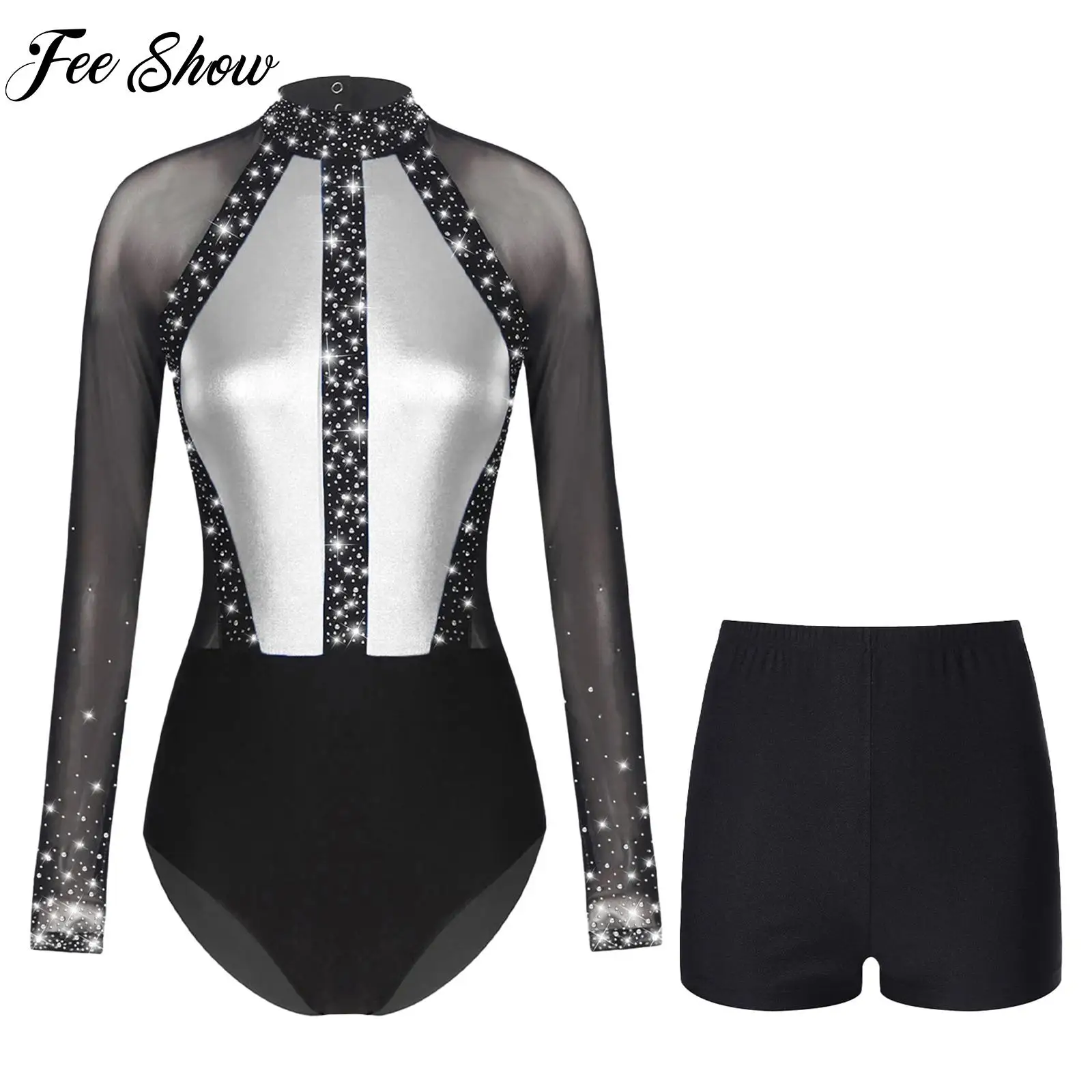 

2025 New Ballet Gymnastics Leotard Womens Figure Skating Dance Outfits Sparkling Rhinestones Sheer Mesh Bodysuit with Shorts Set