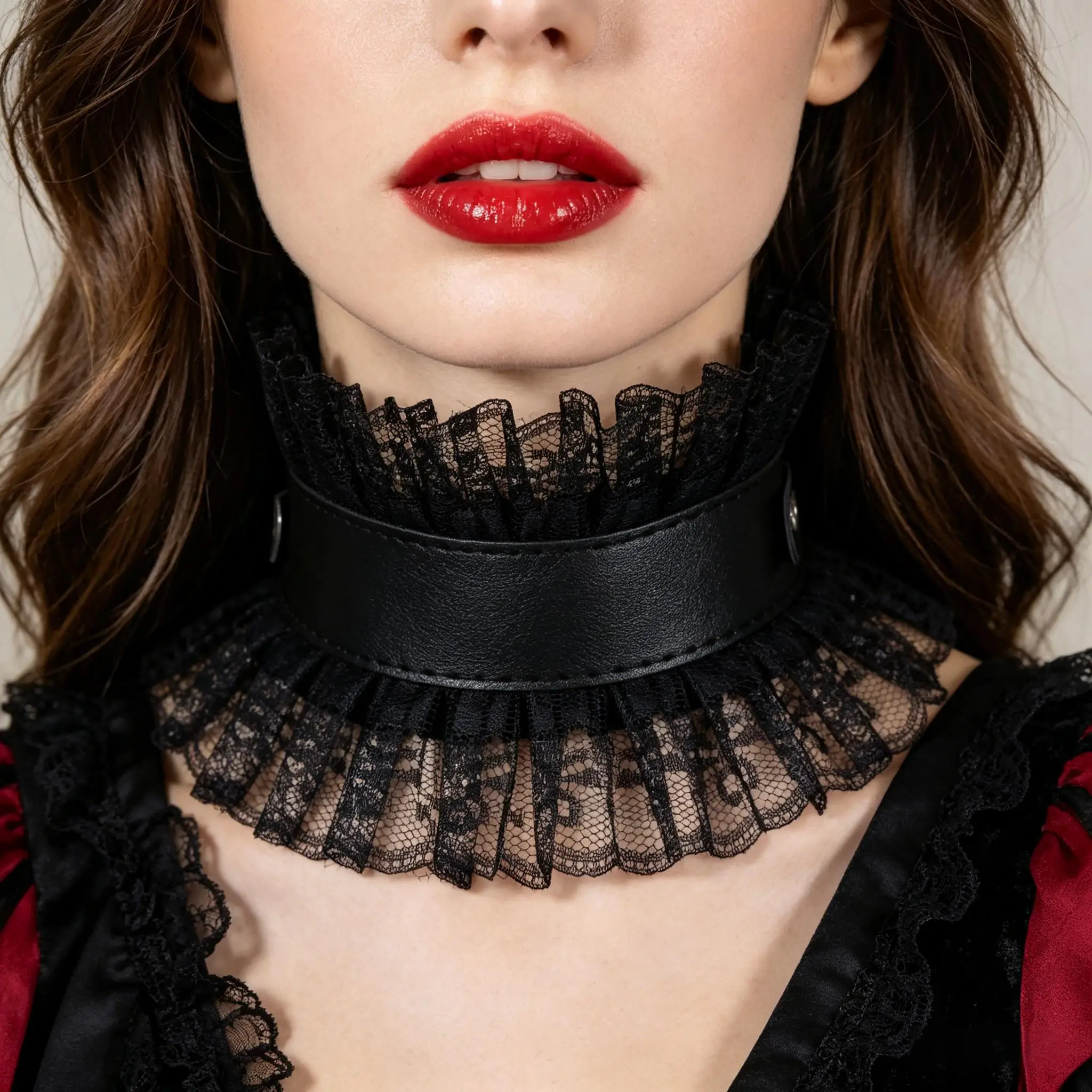 Women Vintage Fake Collar Gothic Black Faux Leather Ruffled Floral Lace Choker Necklace Victorian Lolita Neck Ruff