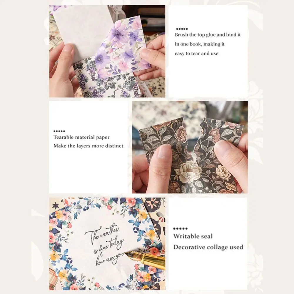 100Pcs Fashion Flower Vine Themed Non-Sticky Notes DIY Non-Sticky Message Notes Stationery Decorative Paper