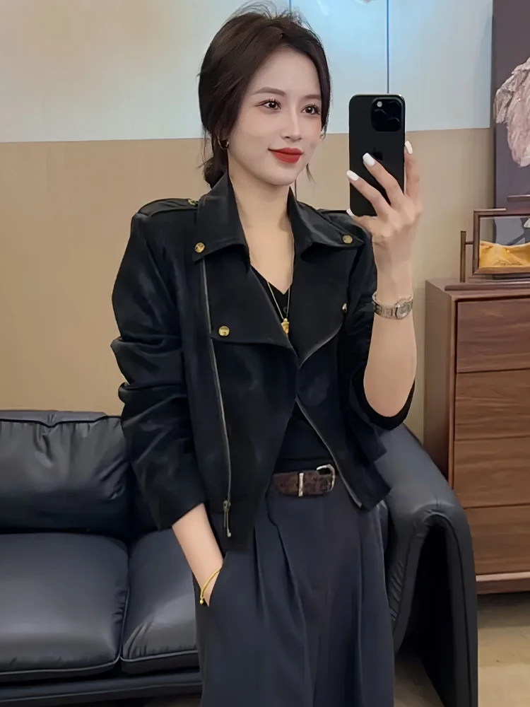 初秋のユニークなオートバイジャケット、女性用ファション、多用途バイカーレザージャケット、トップカジュアルルーズフィット、オートバイジャケット