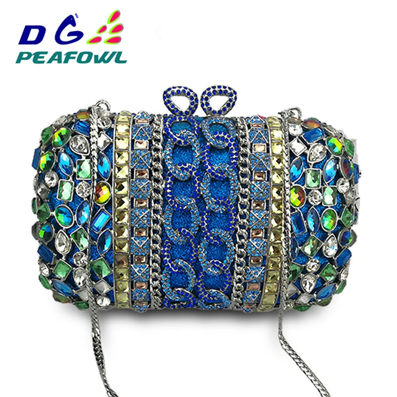 

Bridal Wedding Party Metal Clutches Purse Minaudiere Evening Bag Vintage Women blue Beaded Clutch Bag Sequined Diamond Handbag