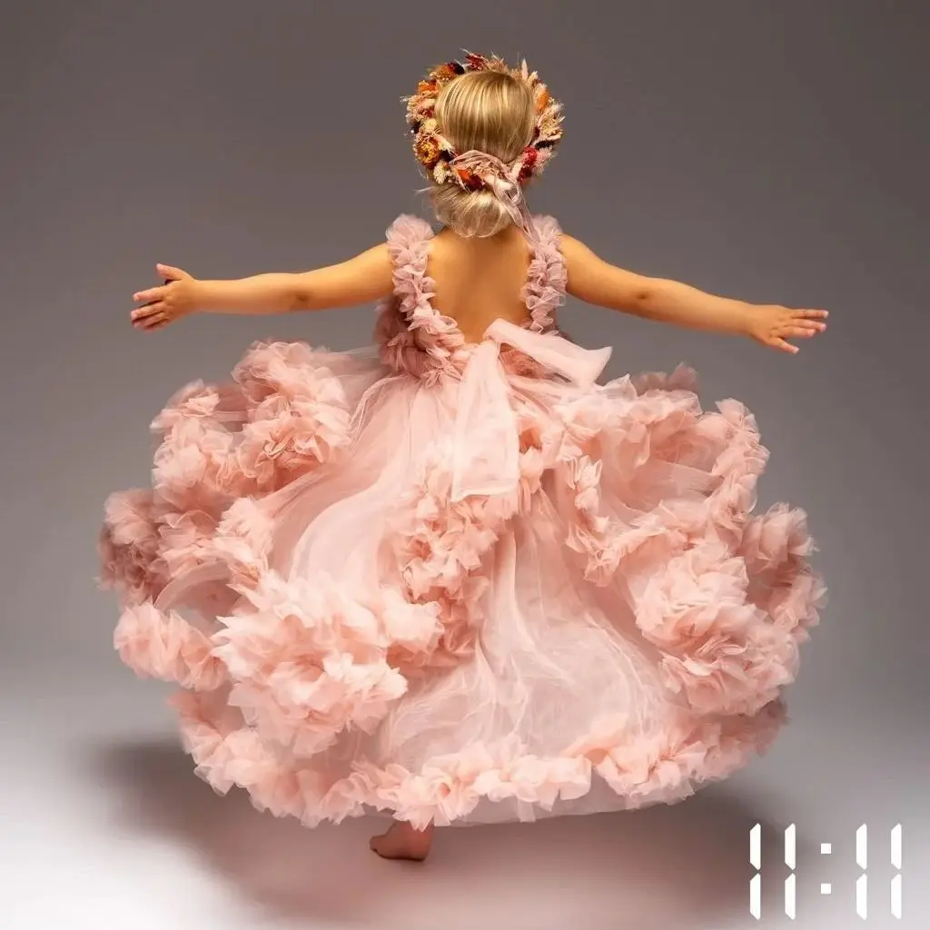 

CustomizedDusty Pink Tulle Girls Birthday Party Gowns Ruffles Puffy Flower Girl Dress for Wedding Princess Dress for Photoshoot