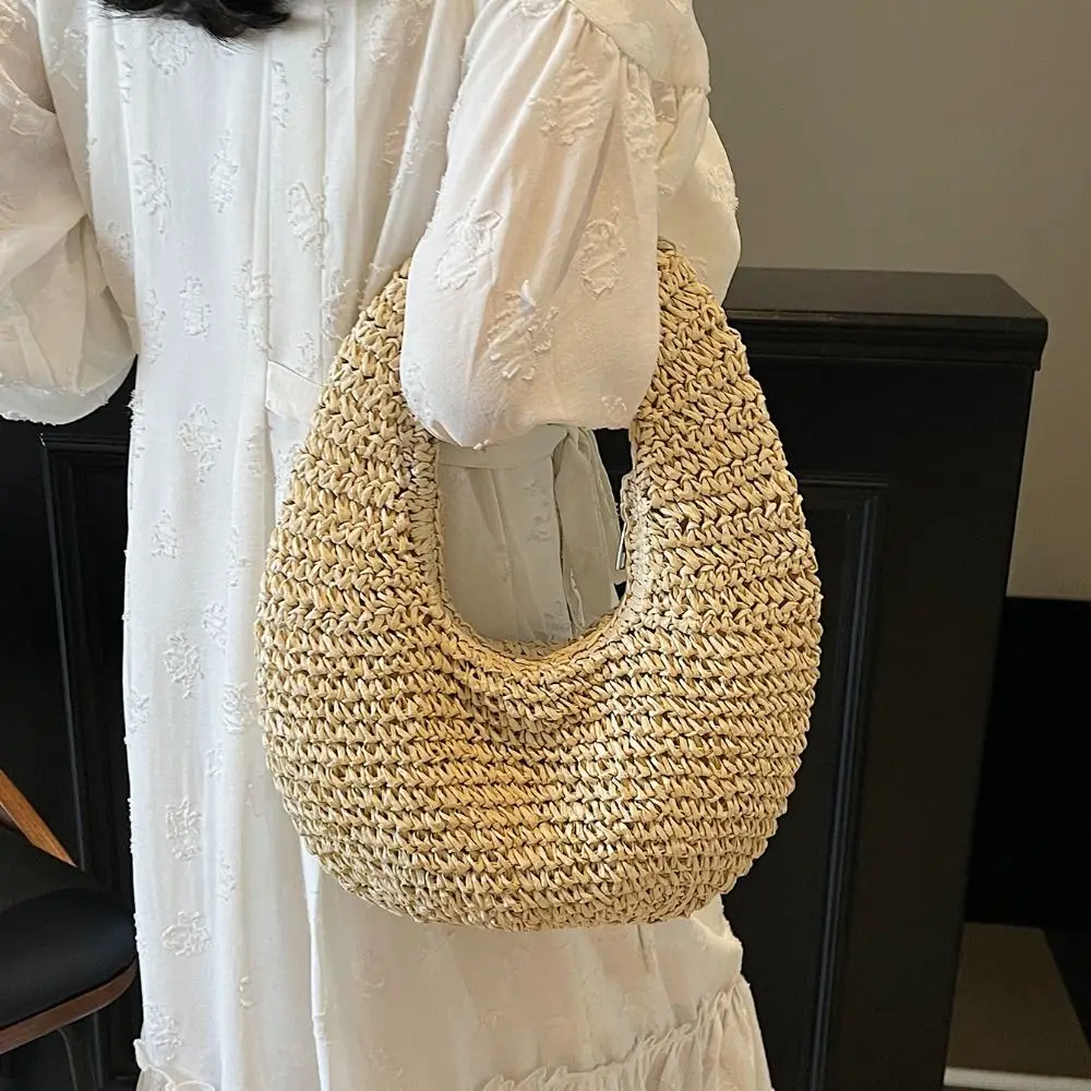 Trendy Large Capacity Straw Bag Grass Half Moon Rattan Handbag Fashion Wrist Circle Summer Beach Bag Beach